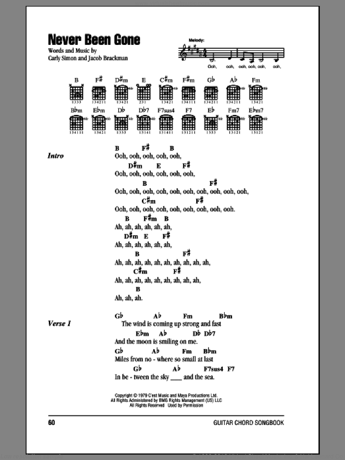Never Been Gone sheet music for guitar (chords) by Carly Simon and Jacob Brackman, intermediate skill level