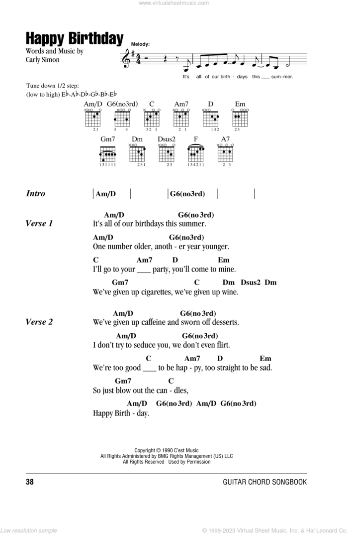 Happy Birthday sheet music for guitar (chords) by Carly Simon, intermediate skill level