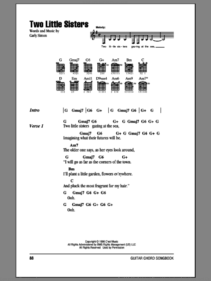 Two Little Sisters sheet music for guitar (chords) by Carly Simon, intermediate skill level