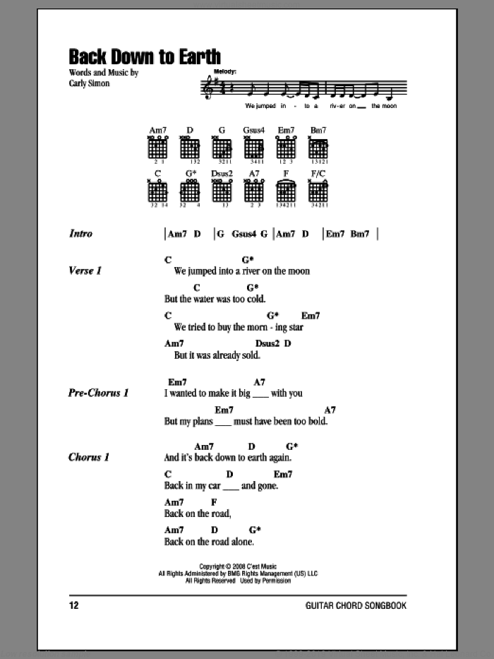Back Down To Earth sheet music for guitar (chords) by Carly Simon, intermediate skill level
