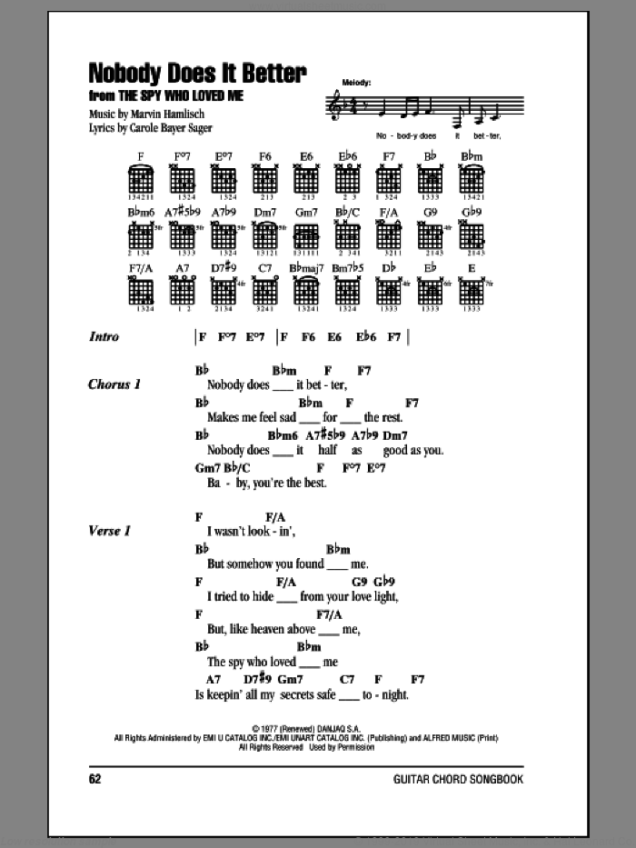 Nobody Does It Better sheet music for guitar (chords) by Carly Simon, Carole Bayer Sager and Marvin Hamlisch, intermediate skill level