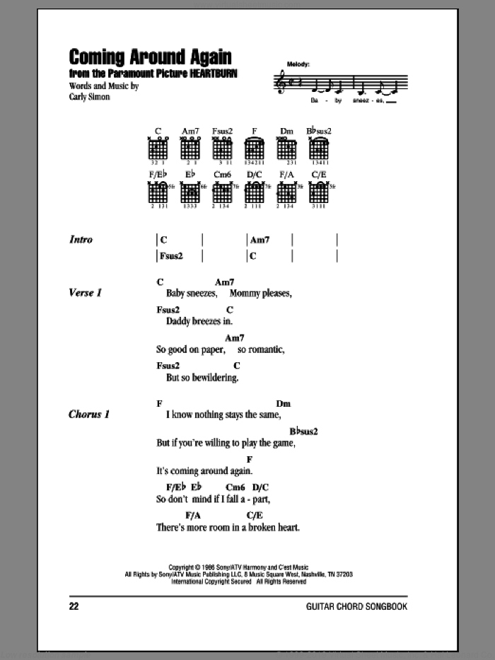 Coming Around Again sheet music for guitar (chords) by Carly Simon, intermediate skill level