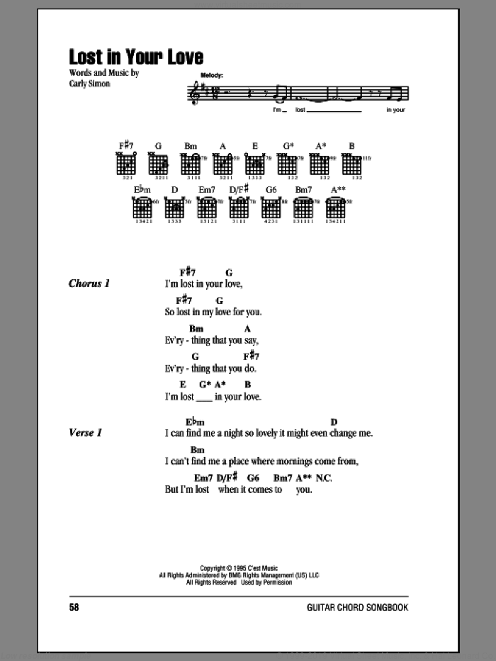 Lost In Your Love sheet music for guitar (chords) by Carly Simon, intermediate skill level