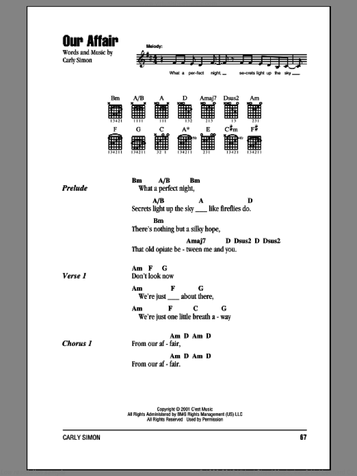 Our Affair sheet music for guitar (chords) by Carly Simon, intermediate skill level