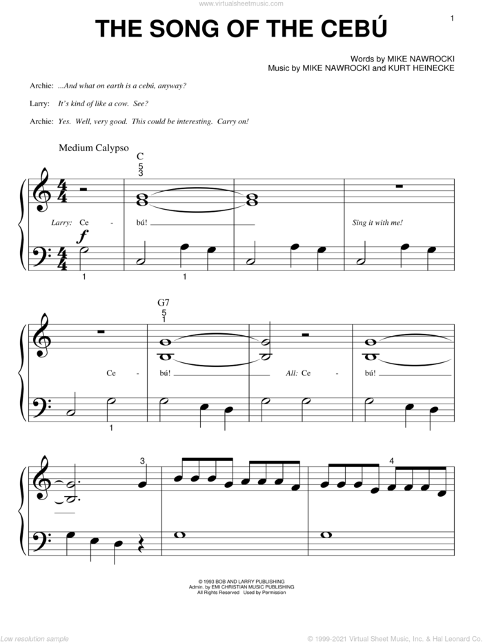 The Song Of The Cebu sheet music for piano solo (big note book) by VeggieTales, Kurt Heinecke and Mike Nawrocki, easy piano (big note book)