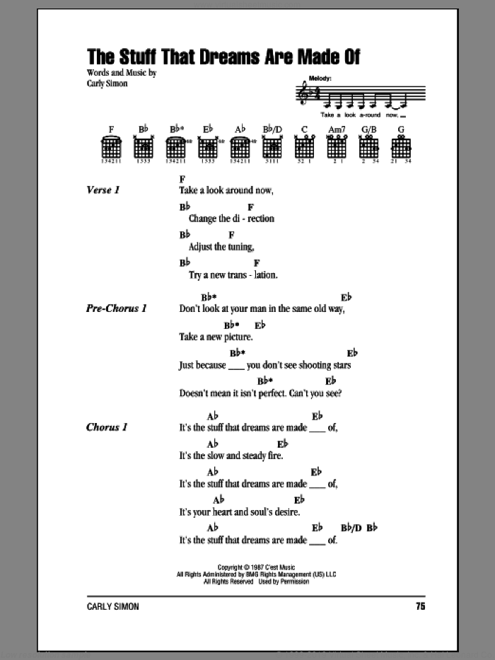 The Stuff That Dreams Are Made Of sheet music for guitar (chords) by Carly Simon, intermediate skill level