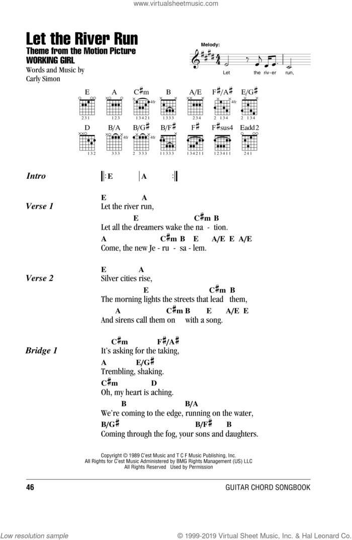 Let The River Run sheet music for guitar (chords) by Carly Simon, intermediate skill level