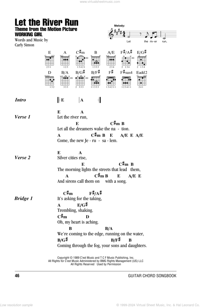 Let The River Run sheet music for guitar (chords) by Carly Simon, intermediate skill level