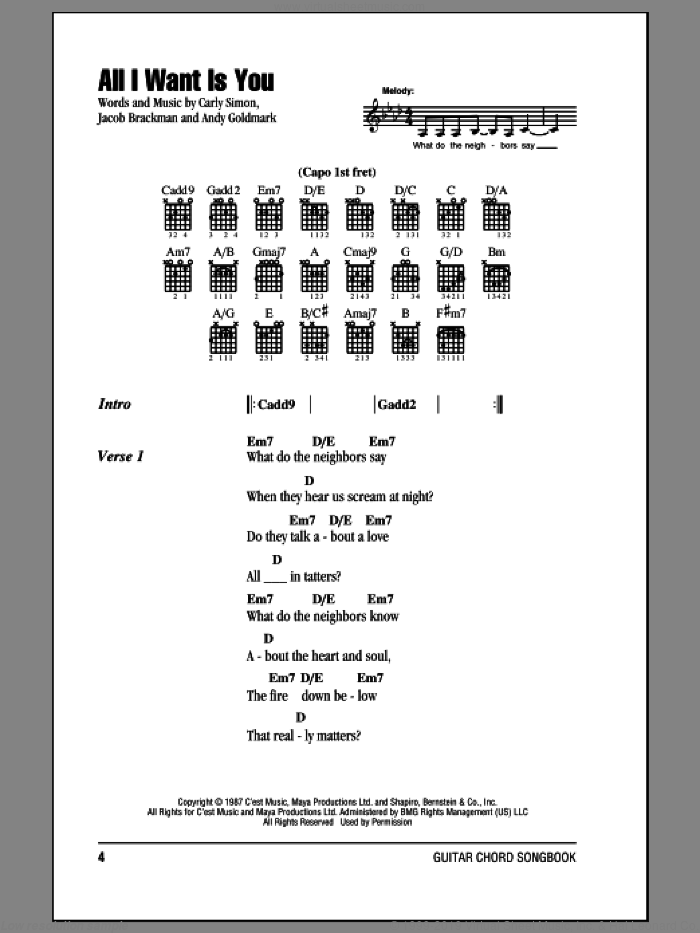 All I Want Is You sheet music for guitar (chords) by Carly Simon, Andy Goldmark and Jacob Brackman, intermediate skill level