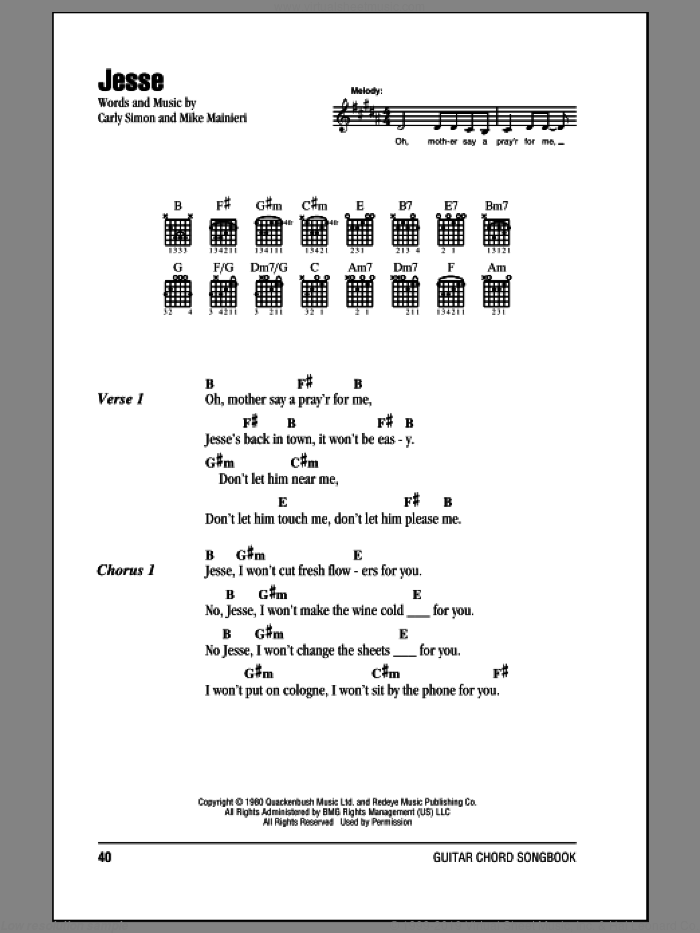 Jesse sheet music for guitar (chords) by Carly Simon and Mike Mainieri, intermediate skill level
