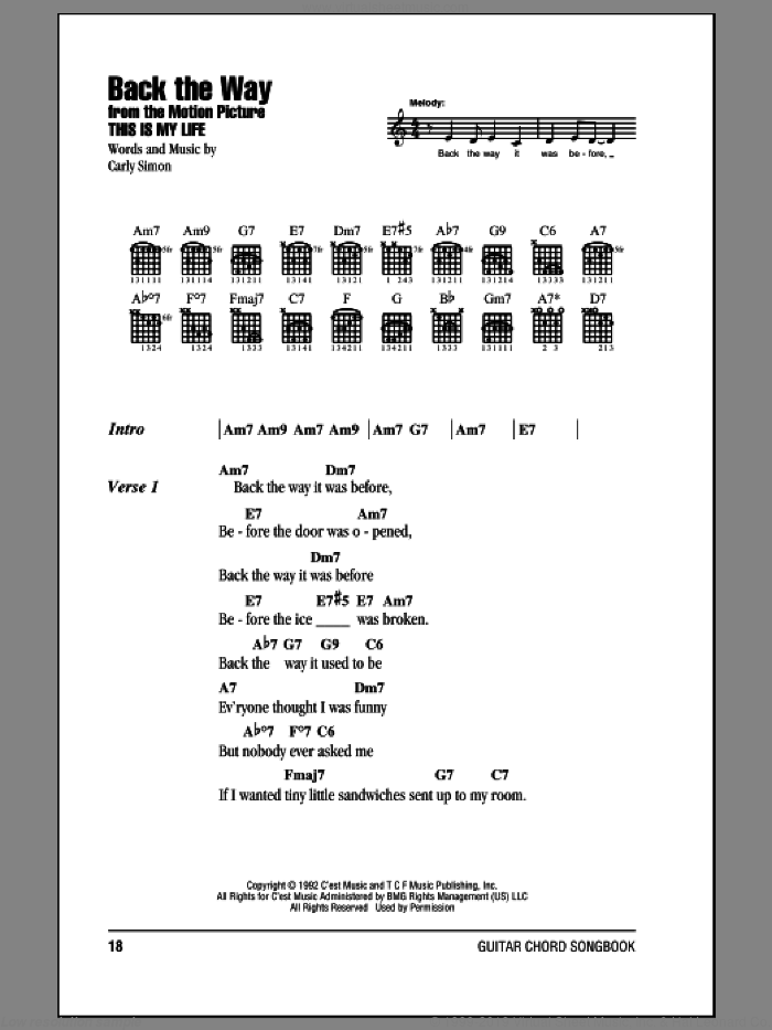 Back The Way sheet music for guitar (chords) by Carly Simon, intermediate skill level