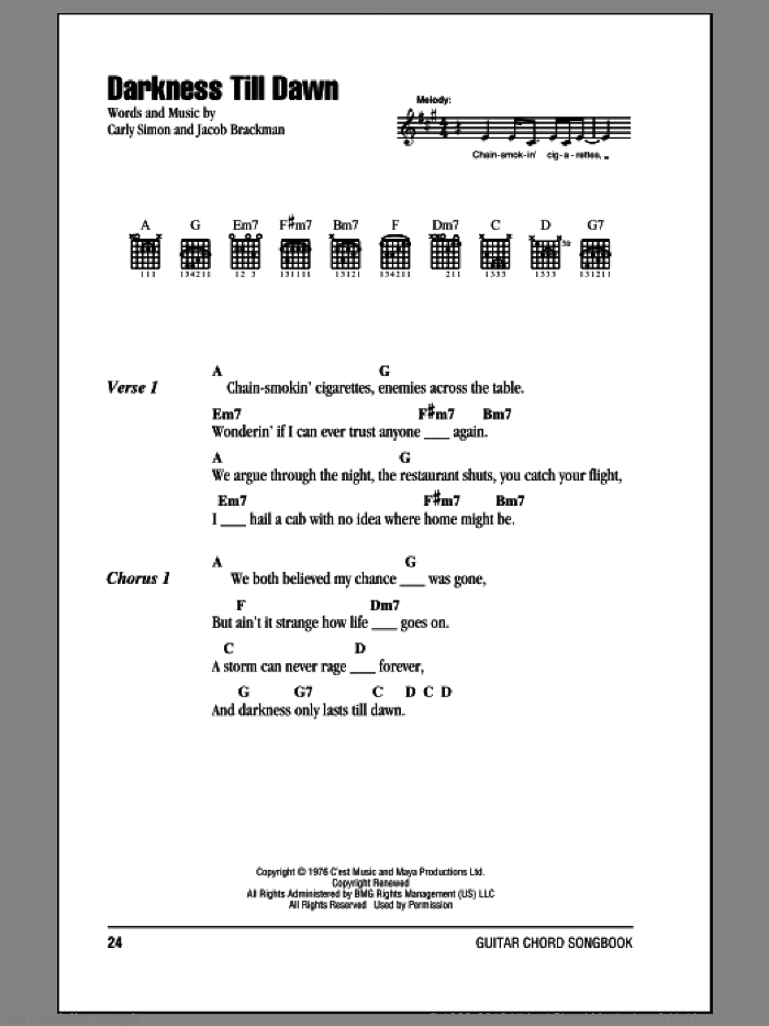 Darkness Till Dawn sheet music for guitar (chords) by Carly Simon and Jacob Brackman, intermediate skill level