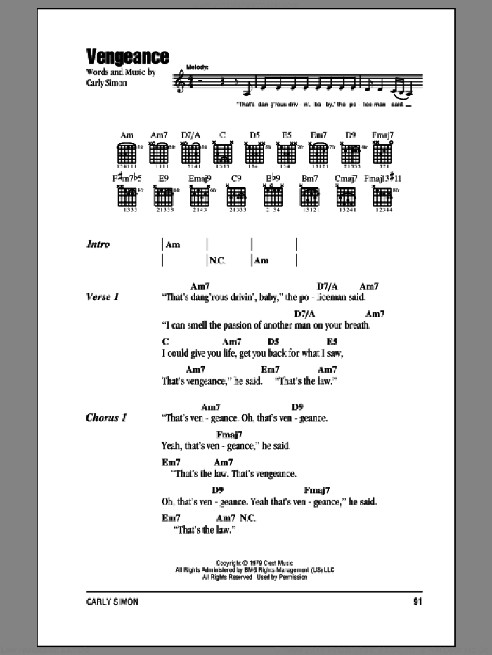 Vengeance sheet music for guitar (chords) by Carly Simon, intermediate skill level