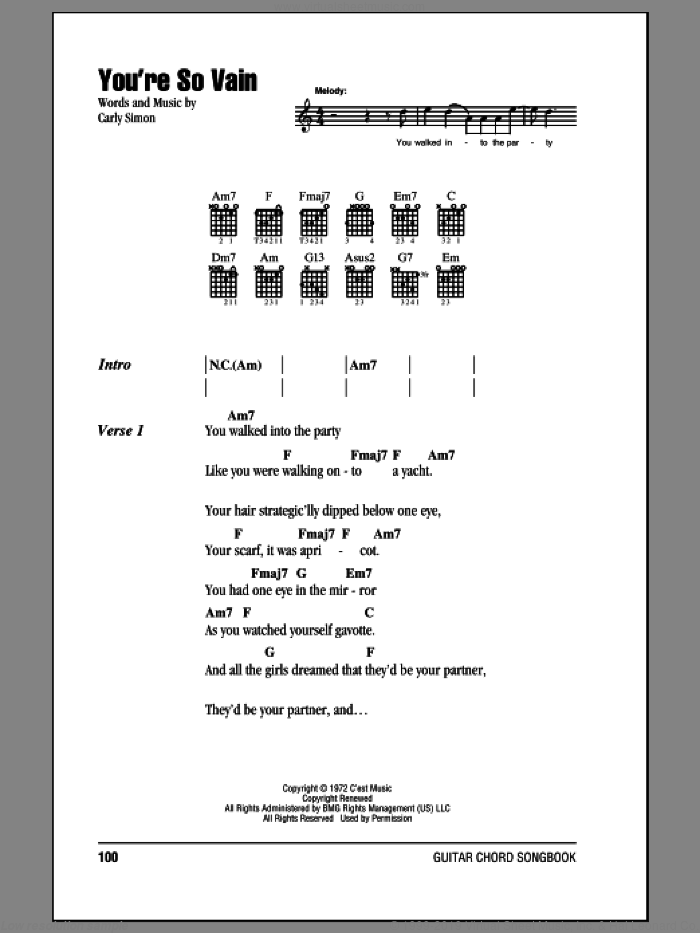 You're So Vain sheet music for guitar (chords) by Carly Simon, intermediate skill level