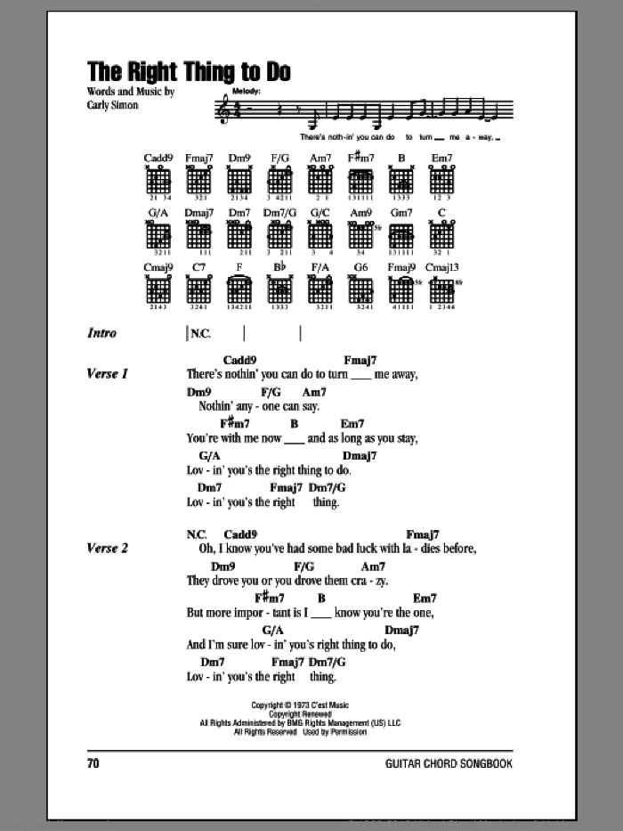 The Right Thing To Do sheet music for guitar (chords) by Carly Simon, intermediate skill level