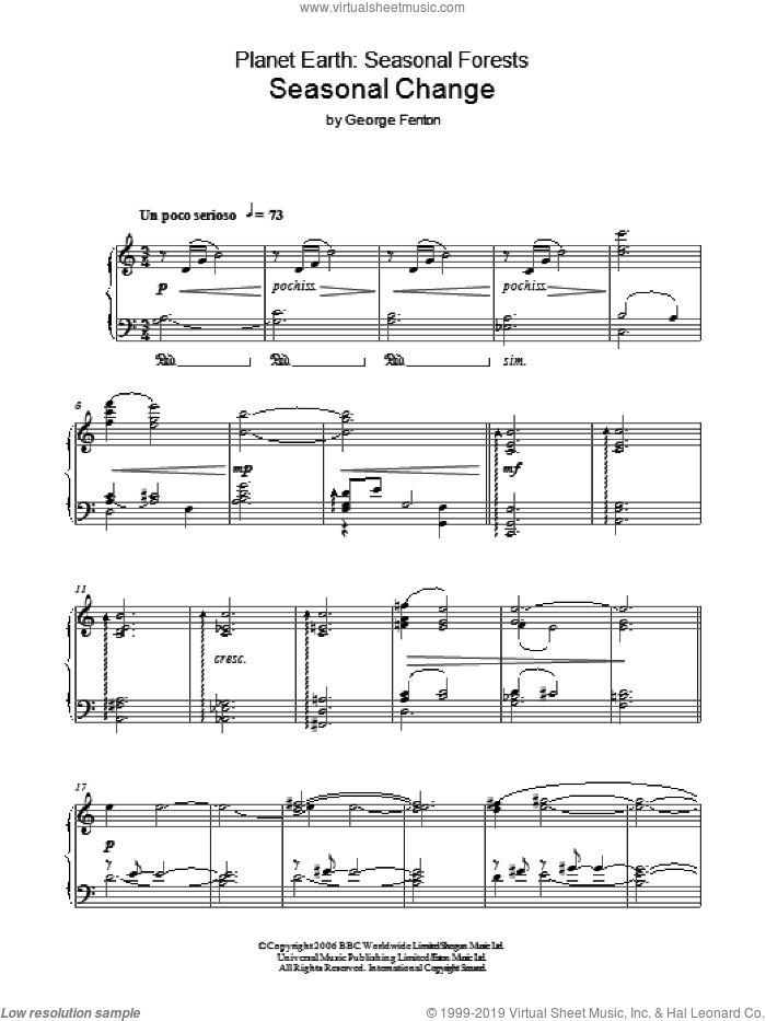 Planet Earth: Seasonal Change sheet music for piano solo by George Fenton, intermediate skill level