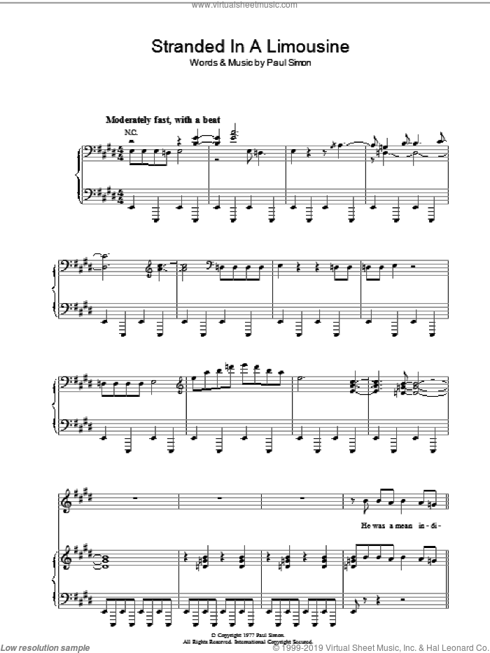 Stranded In A Limousine sheet music for voice, piano or guitar by Paul Simon, intermediate skill level