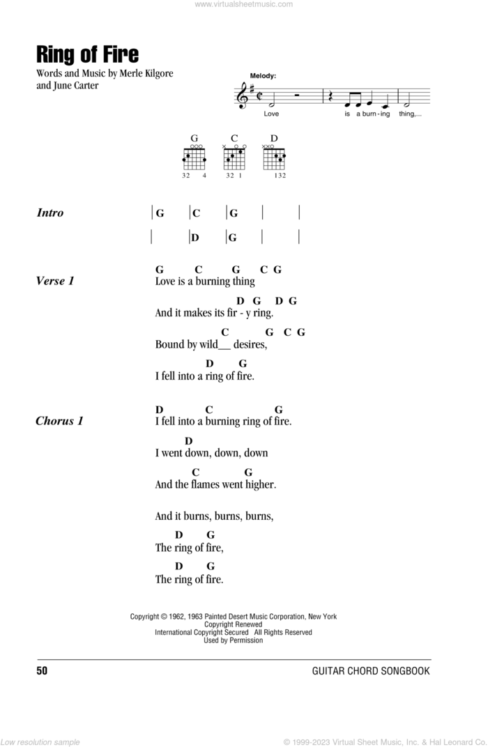 Ring Of Fire sheet music for guitar (chords) by Johnny Cash, June Carter and Merle Kilgore, intermediate skill level