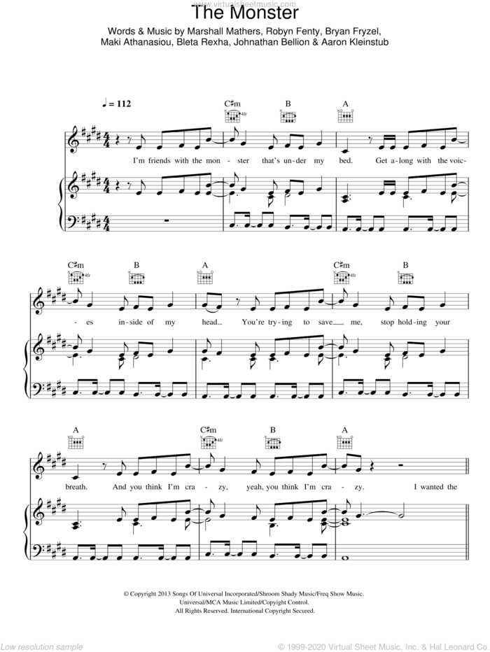 The Monster sheet music for voice, piano or guitar by Eminem feat. Rihanna, Aaron Kleinstub, Bleta Rexha, Bryan Fryzel, Johnathan Bellion, Maki Athanasiou, Marshall Mathers and Robyn Fenty, intermediate skill level