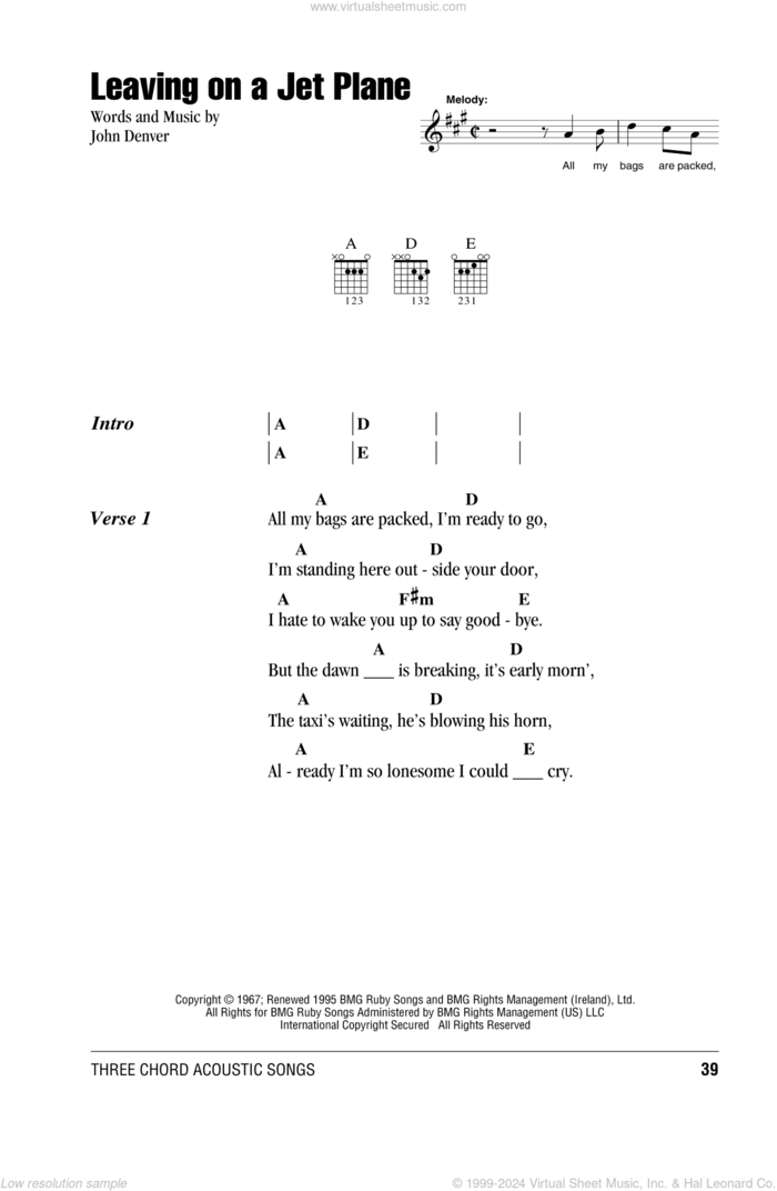 Leaving On A Jet Plane sheet music for guitar (chords) by John Denver and Peter, Paul & Mary, intermediate skill level