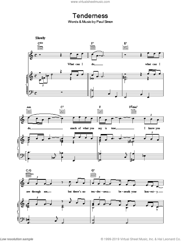 Tenderness sheet music for voice, piano or guitar by Paul Simon, intermediate skill level