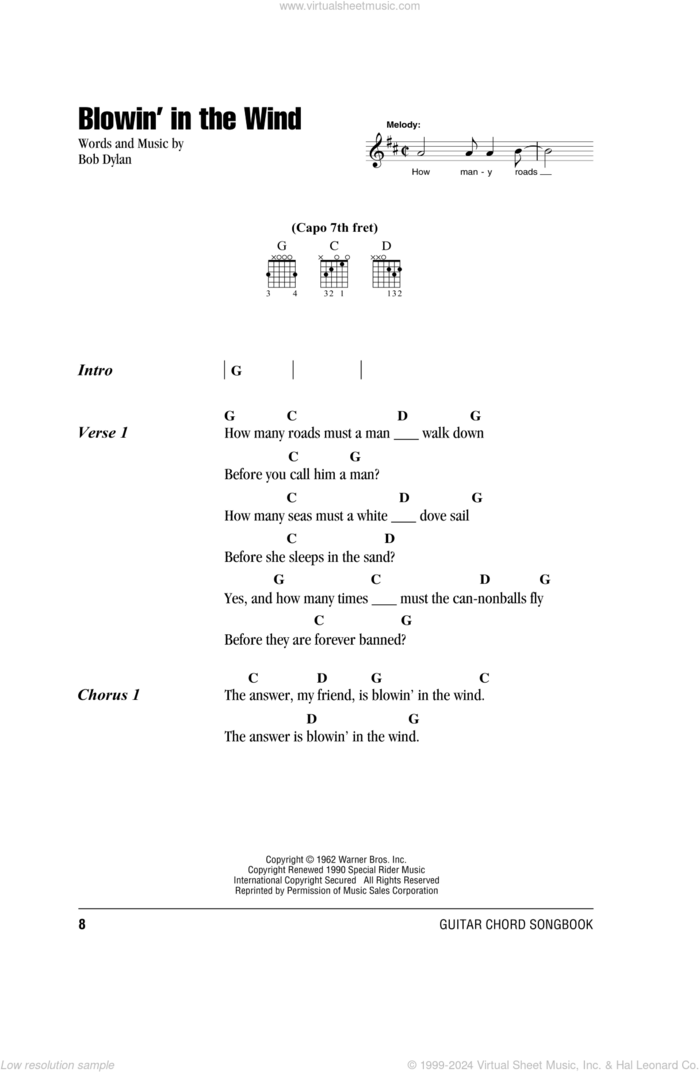 Blowin' In The Wind sheet music for guitar (chords) by Bob Dylan, Peter, Paul & Mary and Stevie Wonder, intermediate skill level