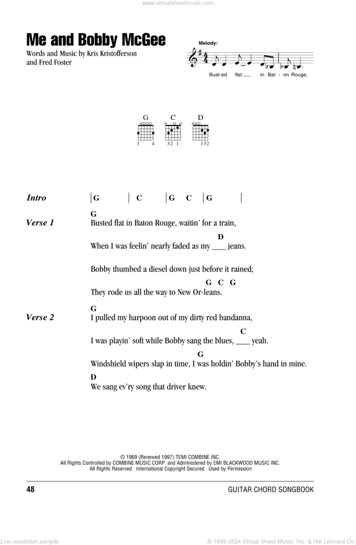 Me And Bobby McGee sheet music for guitar (chords) by Janis Joplin and Kris Kristofferson, intermediate skill level