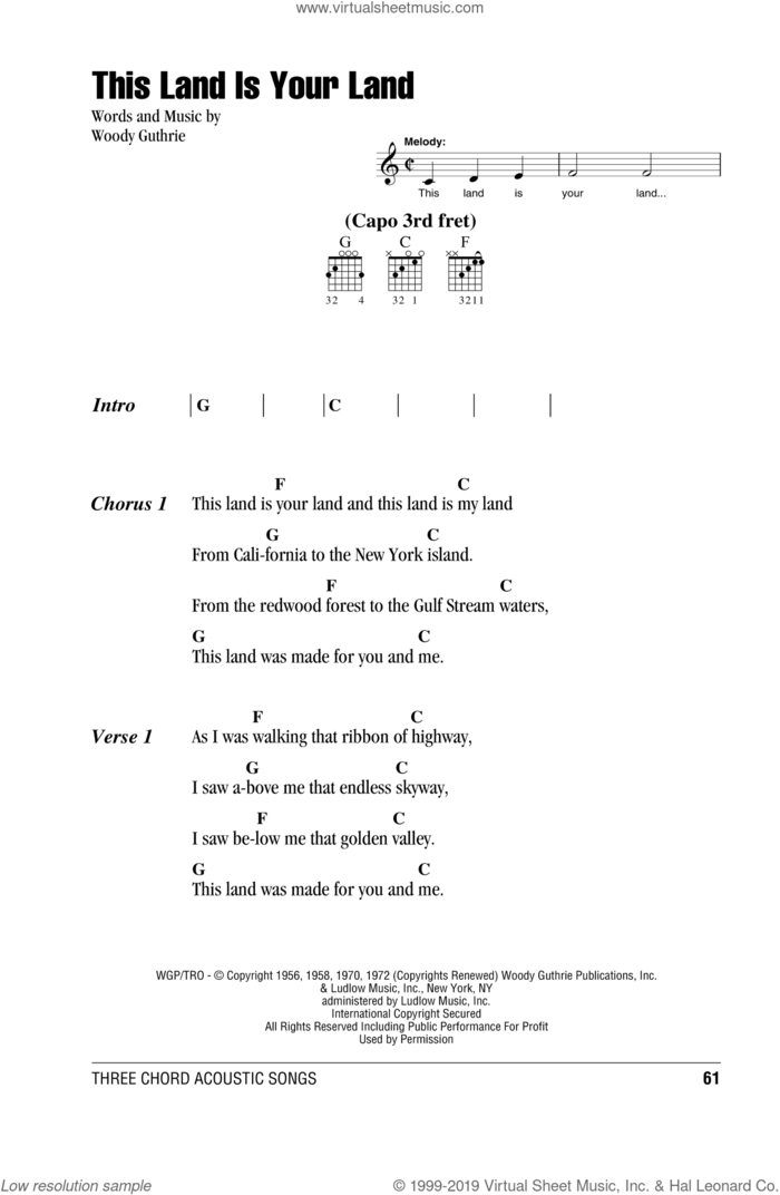 This Land Is Your Land sheet music for guitar (chords) by Woody Guthrie, Arlo Guthrie, New Christy Minstrels and Peter, Paul & Mary, intermediate skill level