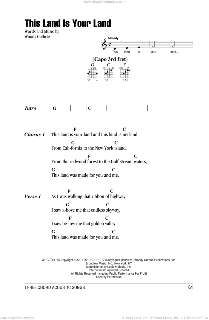 This Land Is Your Land sheet music for guitar (chords) by Woody Guthrie, Arlo Guthrie, New Christy Minstrels and Peter, Paul & Mary, intermediate skill level