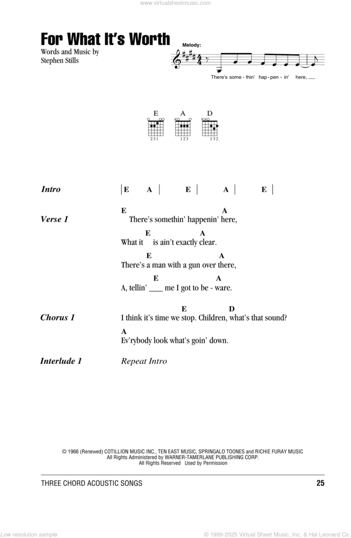 For What It's Worth sheet music for guitar (chords) by Buffalo Springfield and Stephen Stills, intermediate skill level