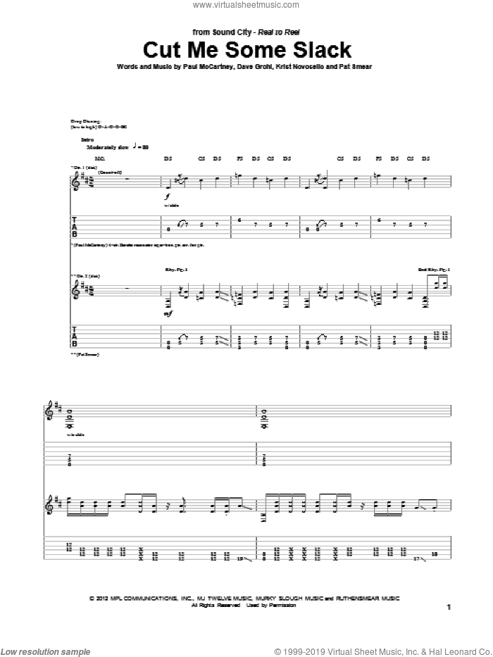 Cut Me Some Slack sheet music for guitar (tablature) by McCartney, Grohl, Novoselic, Smear, Dave Grohl, Krist Novoselic, Pat Smear and Paul McCartney, intermediate skill level