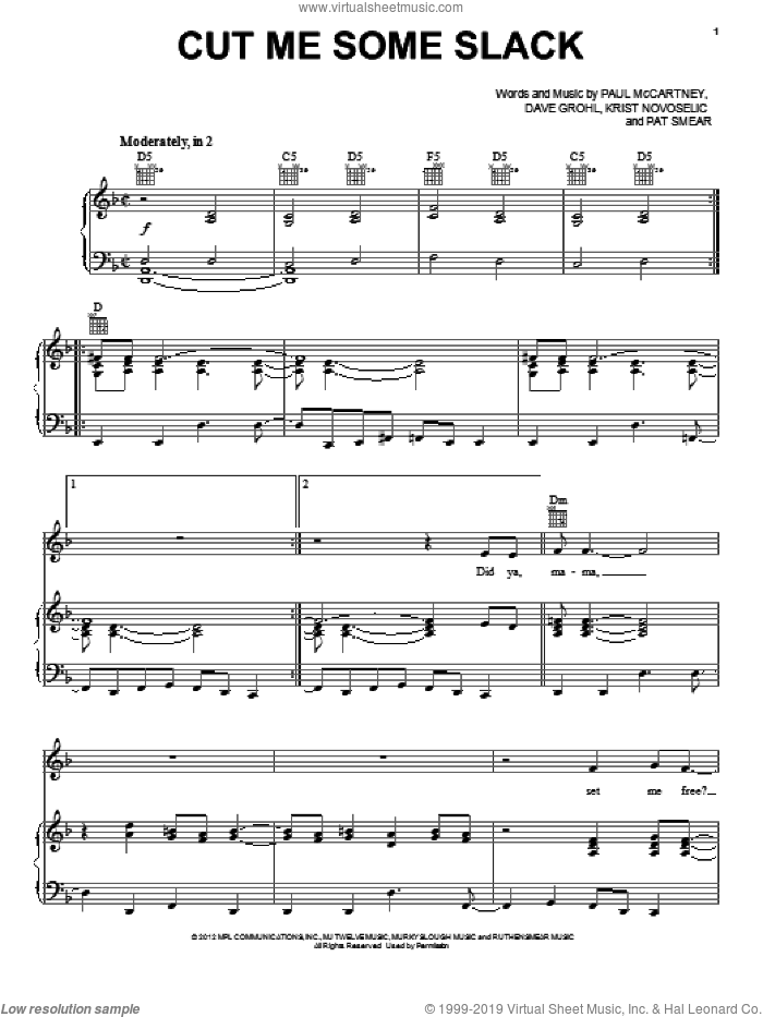 Cut Me Some Slack sheet music for voice, piano or guitar by McCartney, Grohl, Novoselic, Smear, Dave Grohl, Krist Novoselic, Pat Smear and Paul McCartney, intermediate skill level