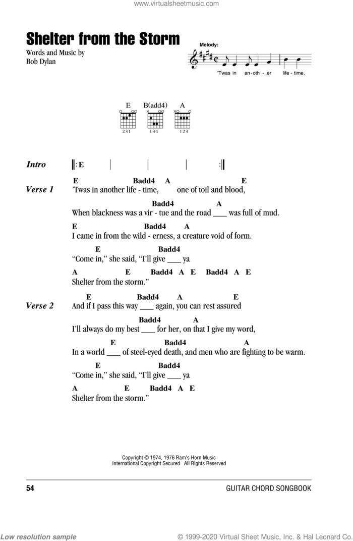 Shelter From The Storm sheet music for guitar (chords) by Bob Dylan, intermediate skill level