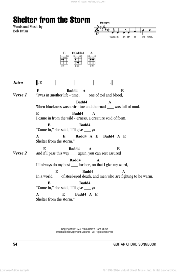 Shelter From The Storm sheet music for guitar (chords) by Bob Dylan, intermediate skill level