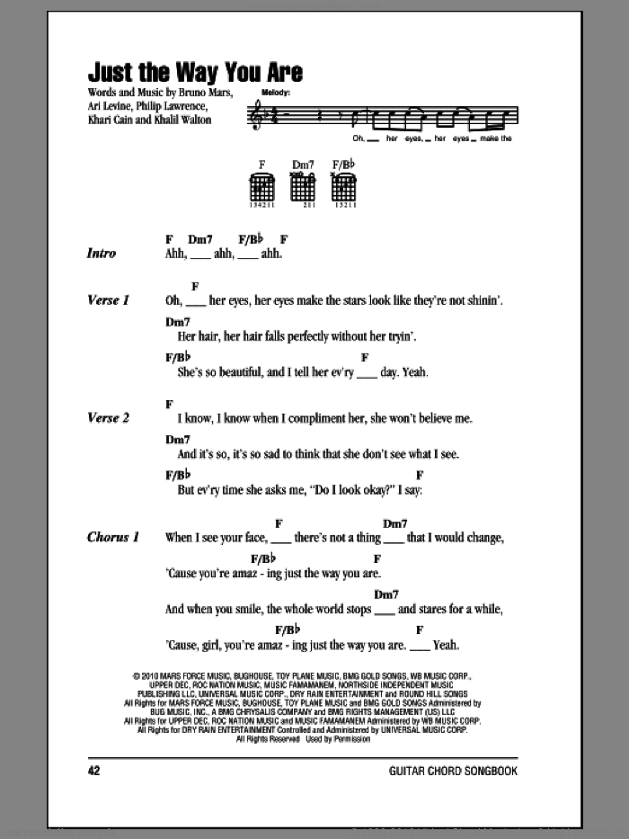 Just The Way You Are sheet music for guitar (chords) by Bruno Mars, Ari Levine, Khalil Walton, Khari Cain and Philip Lawrence, wedding score, intermediate skill level