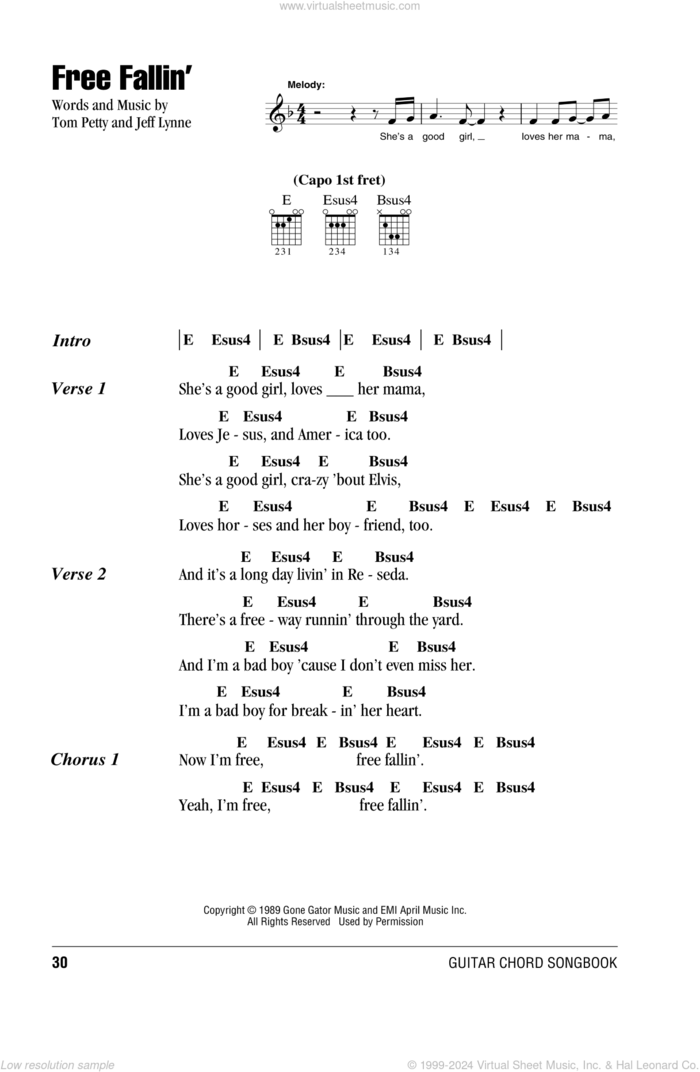 Free Fallin' sheet music for guitar (chords) by Tom Petty, Jeff Lynne and John Mayer, intermediate skill level