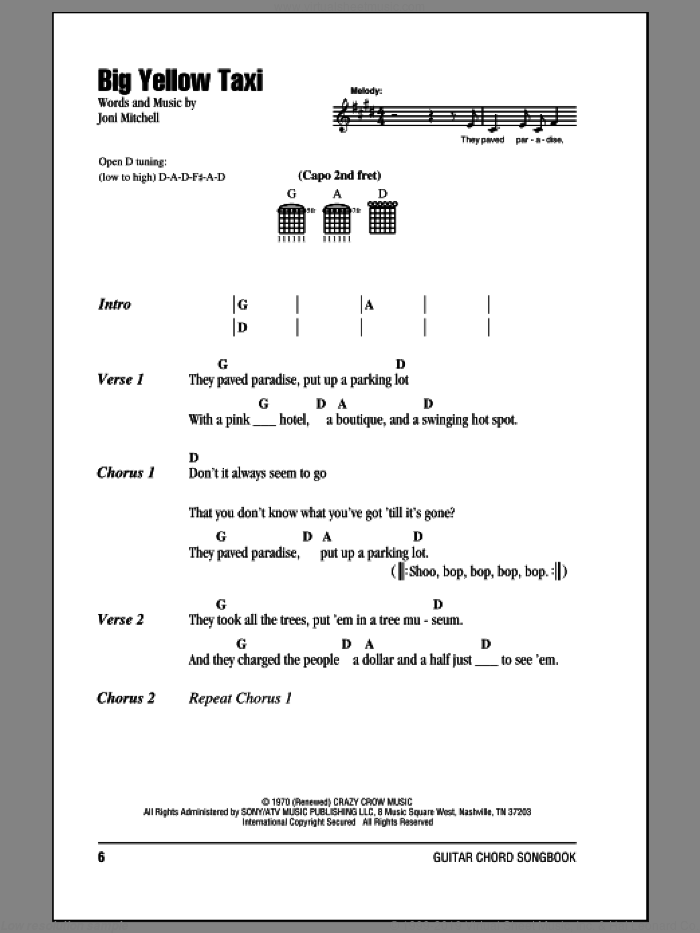 Big Yellow Taxi sheet music for guitar (chords) by Counting Crows featuring Vanessa Carlton, Amy Grant and Joni Mitchell, intermediate skill level