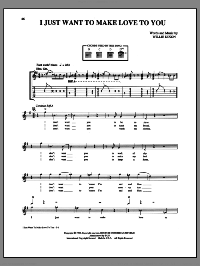 I Just Want To Make Love To You sheet music for guitar (tablature) by Foghat and Willie Dixon, intermediate skill level