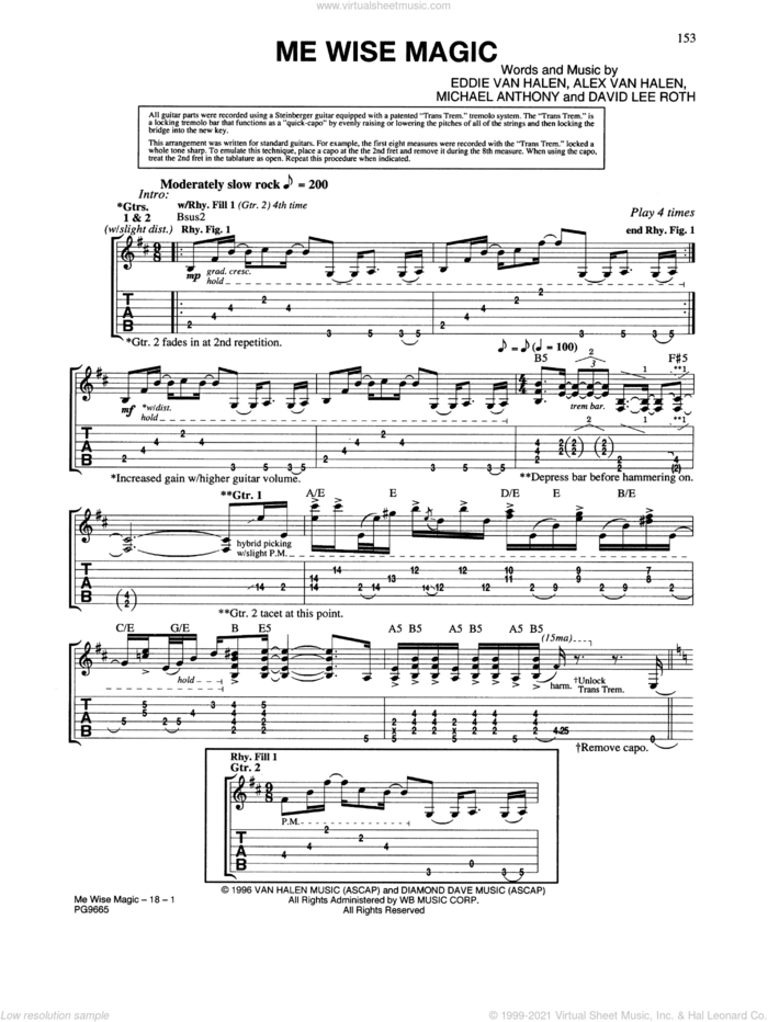 Me Wise Magic sheet music for guitar (tablature) by Edward Van Halen, Alex Van Halen, David Lee Roth and Michael Anthony, intermediate skill level