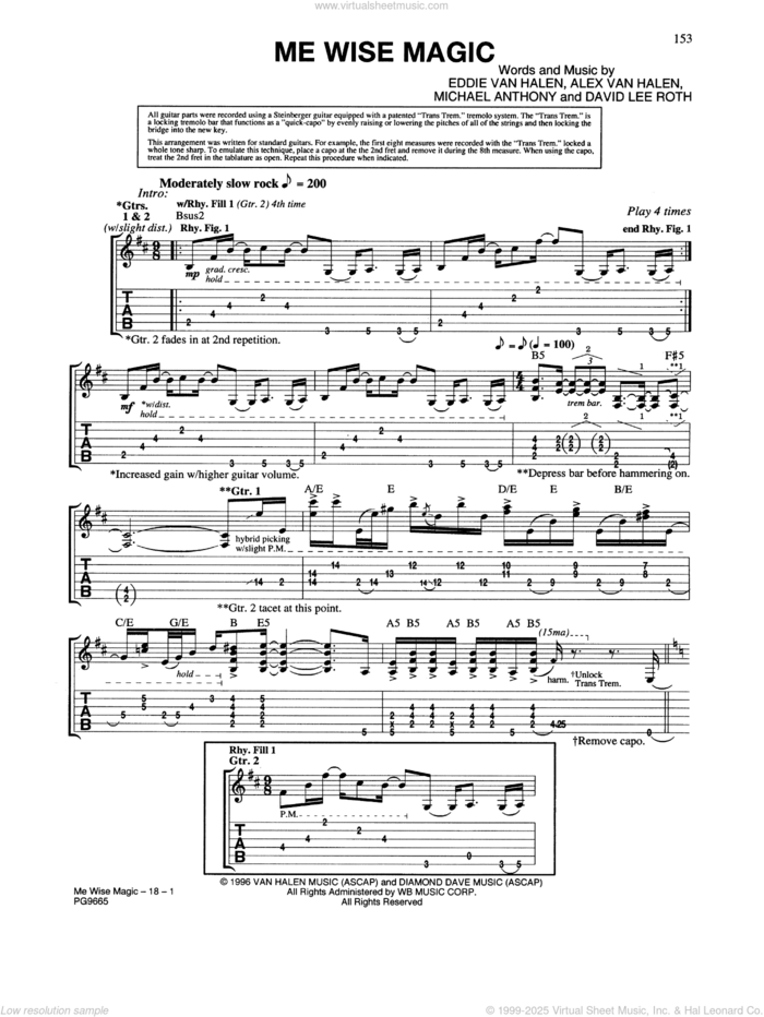 Me Wise Magic sheet music for guitar (tablature) by Edward Van Halen, Alex Van Halen, David Lee Roth and Michael Anthony, intermediate skill level