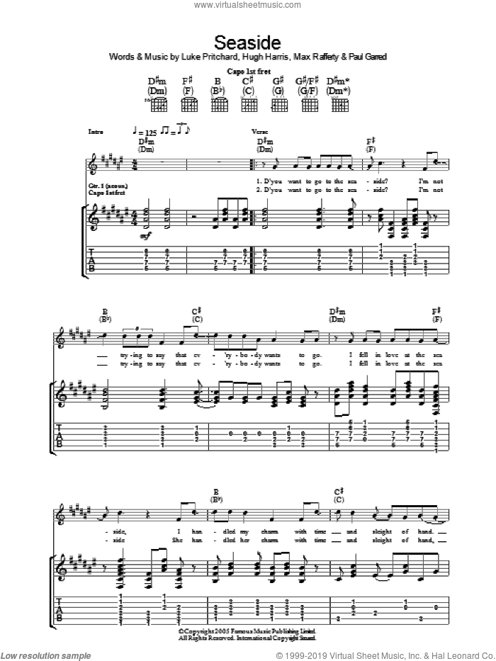 Seaside sheet music for guitar (tablature) by The Kooks, Hugh Harris, Luke Pritchard, Max Rafferty and Paul Garred, intermediate skill level