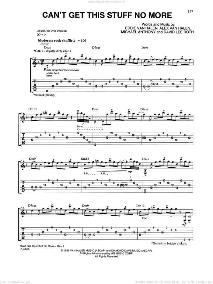 Can't Get This Stuff No More sheet music for guitar (tablature) by Edward Van Halen, Alex Van Halen, David Lee Roth and Michael Anthony, intermediate skill level