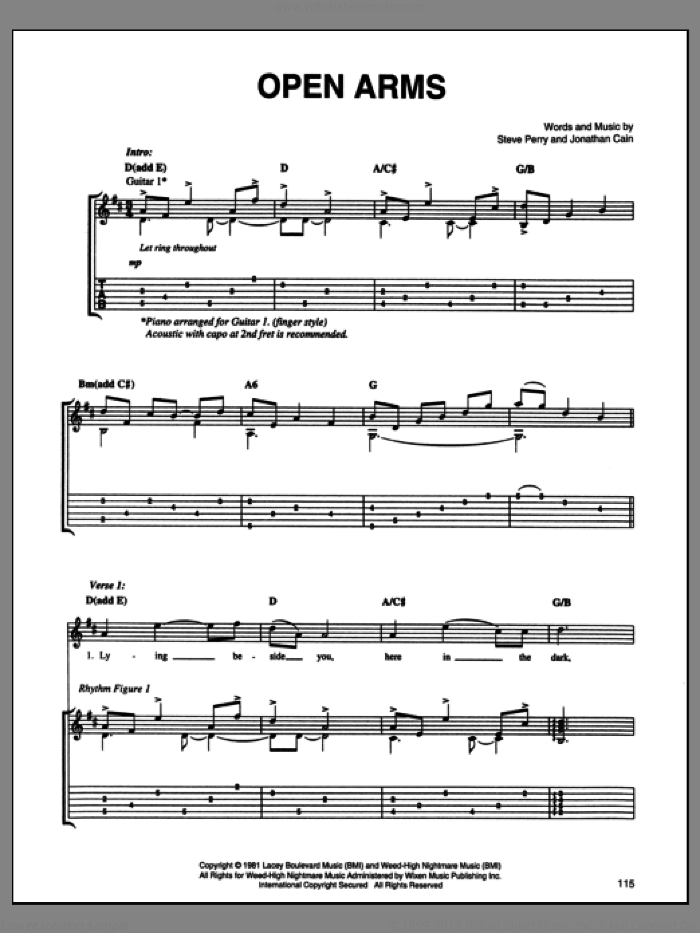 Open Arms sheet music for guitar (tablature) by Journey and Steve Perry, intermediate skill level