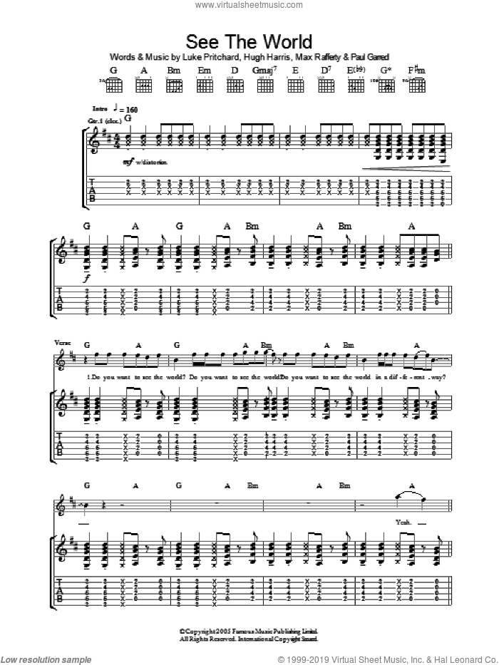 See The World sheet music for guitar (tablature) by The Kooks, Hugh Harris, Luke Pritchard, Max Rafferty and Paul Garred, intermediate skill level