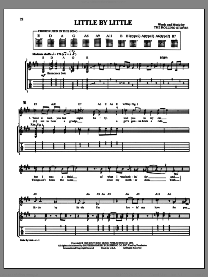 Little By Little sheet music for guitar (tablature) by The Rolling Stones, Brian Jones, Charlie Watts, Ian Stewart, Keith Richards, Mick Jagger, Phil Spector and William Perks, intermediate skill level