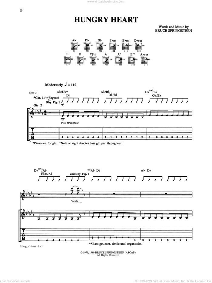 Hungry Heart sheet music for guitar (tablature) by Bruce Springsteen, intermediate skill level