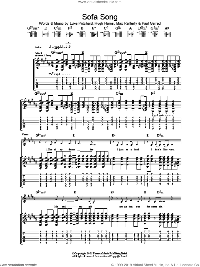 Sofa Song sheet music for guitar (tablature) by The Kooks, Hugh Harris, Luke Pritchard, Max Rafferty and Paul Garred, intermediate skill level