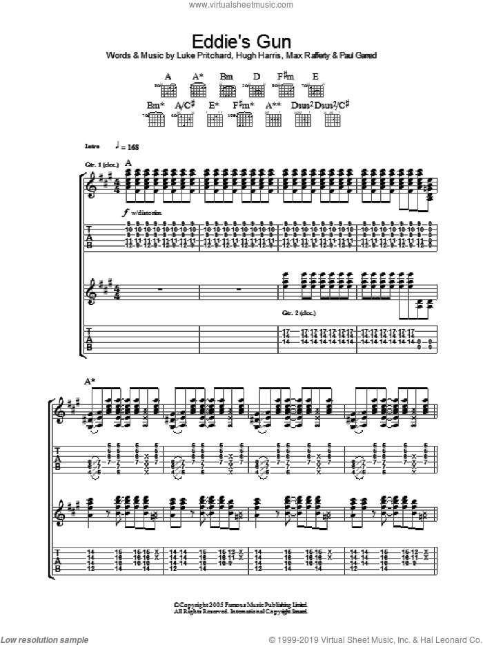 Eddie's Gun sheet music for guitar (tablature) by The Kooks, Hugh Harris, Luke Pritchard, Max Rafferty and Paul Garred, intermediate skill level
