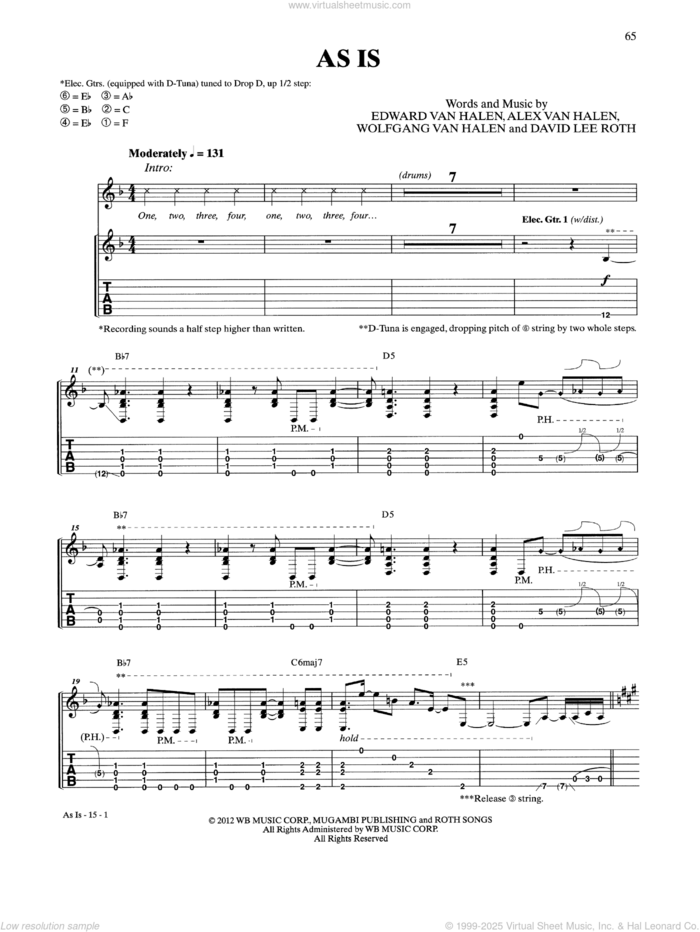 As Is sheet music for guitar (tablature) by Edward Van Halen, Alex Van Halen and David Lee Roth, intermediate skill level