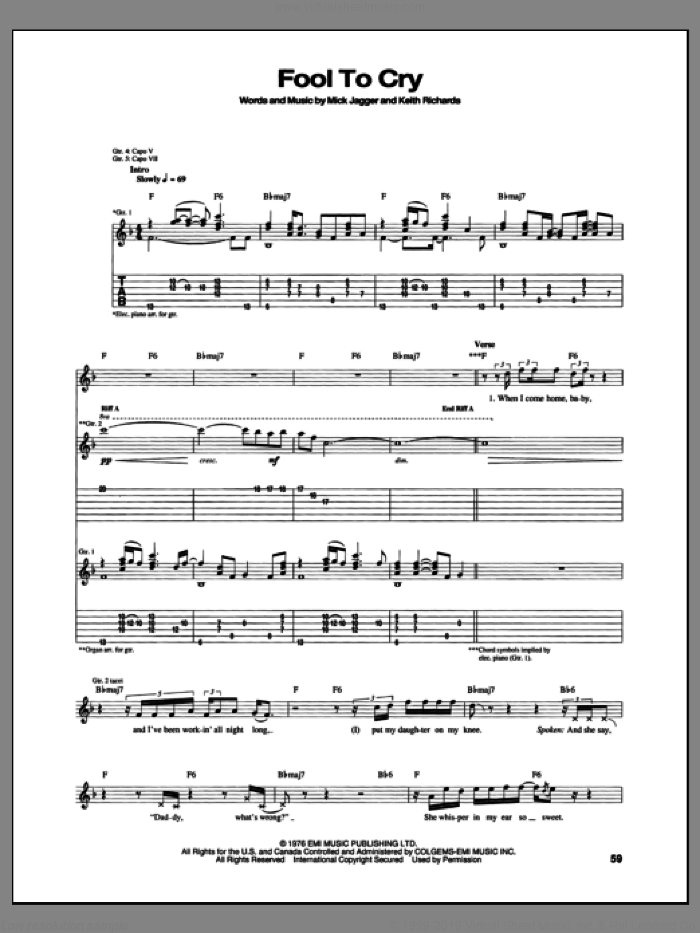 Fool To Cry sheet music for guitar (tablature) by The Rolling Stones, Keith Richards and Mick Jagger, intermediate skill level